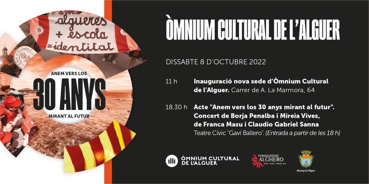 OmniumAlguer's tweet photo. "Avui inaugurem lo "twitter" d'Òmnium de l'Alguer. Vos presentem lo manifest de la jornada "Anem vers los 30 anys mirant al futur".  Aquell dia inaugurarem la nova sede en la qual poguerem fer encara més activitats amb més gent. Mos ajudau a ne fer difusió amb un RT? https://t.co/pvH6WoST5B