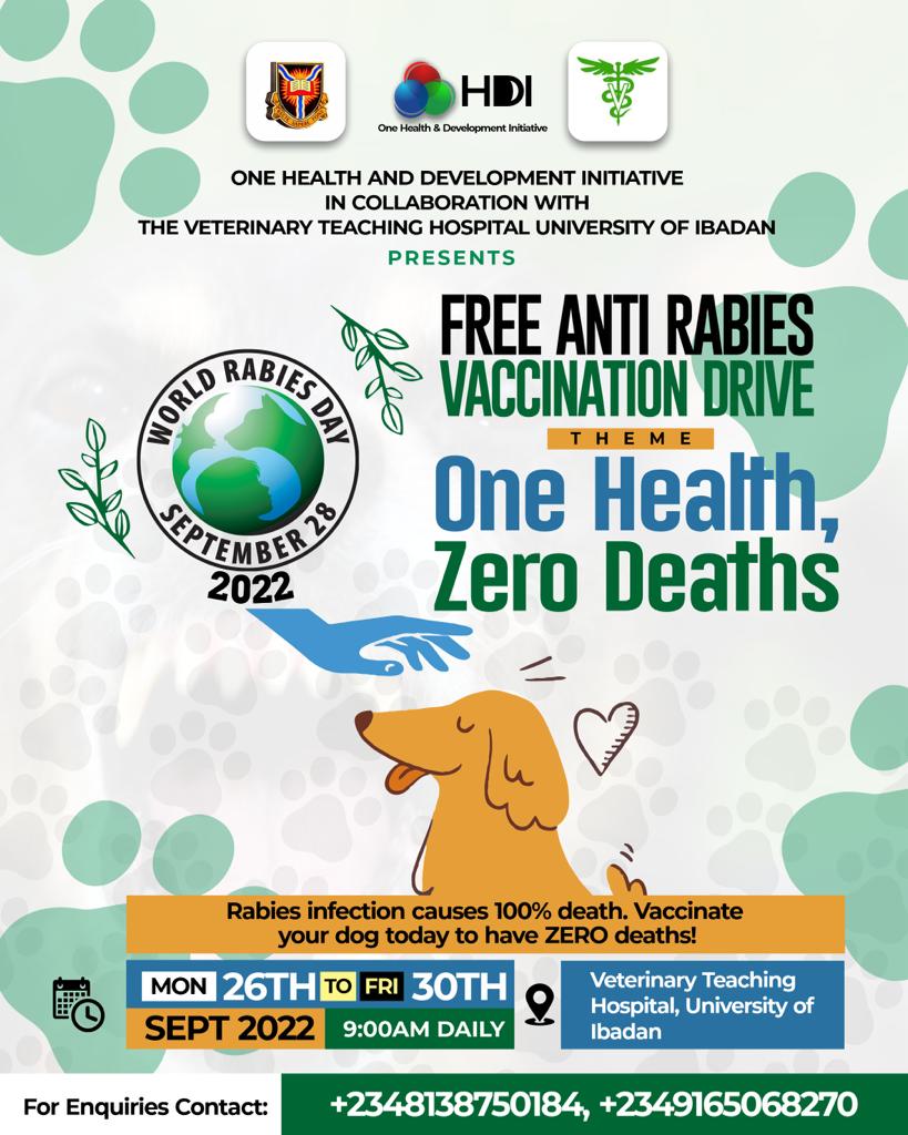 Avms_unibadan's tweet photo. One Health and Development initiative

in collaboration with

The Veterinary Teaching Hospital University of Ibadan, presents:

Free Anti-Rabies Vaccination drive in celebration of the 2022 World Rabies Day.

Theme:One Health Zero Deaths. https://t.co/OVgyhvEjVj