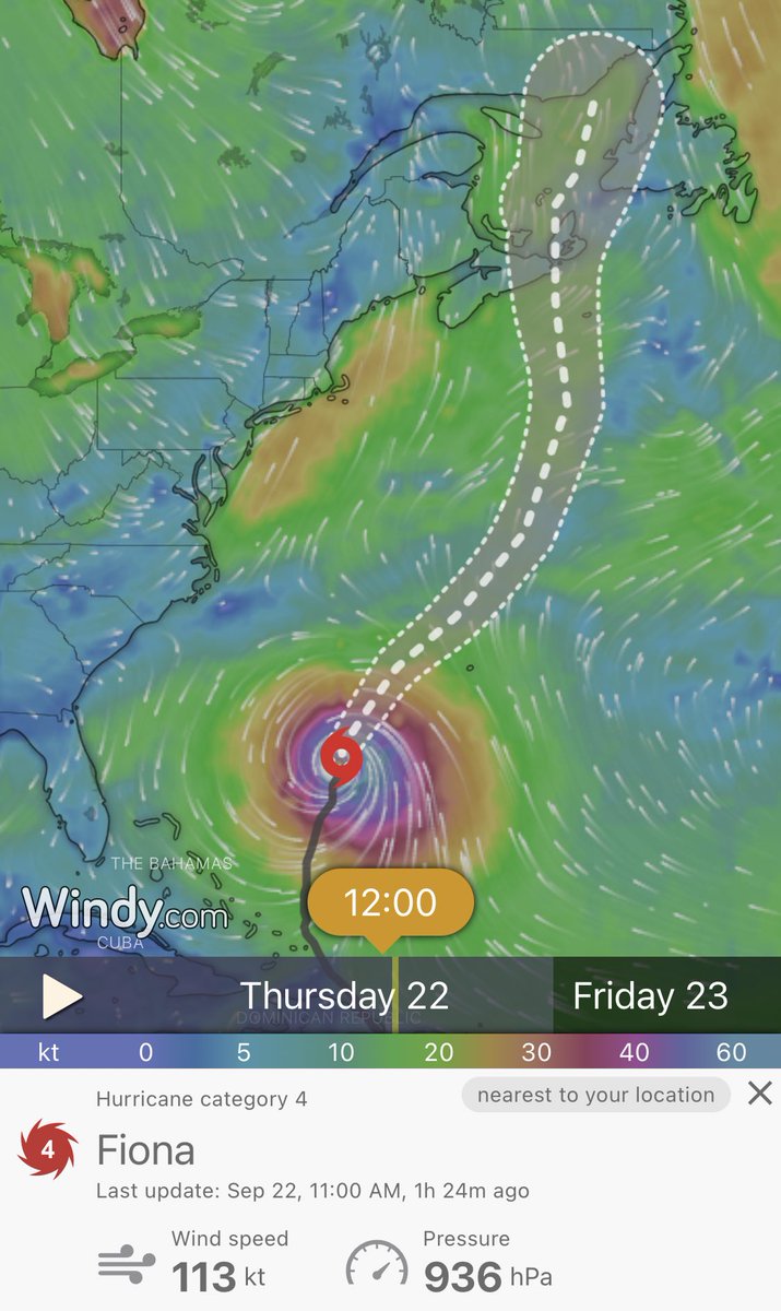 ReedTimmerUSA's tweet photo. HURRICANE #FIONA packing winds of 130 mph with central pressure down to 936 mb. Shown here at the Euro vs NHC forecast track via the @Windycom app, each showing landfall over eastern Nova Scotia as a Cat 2 storm. Hurricane watches issued for eastern NS to Western Newfoundland https://t.co/TFLH4A1377