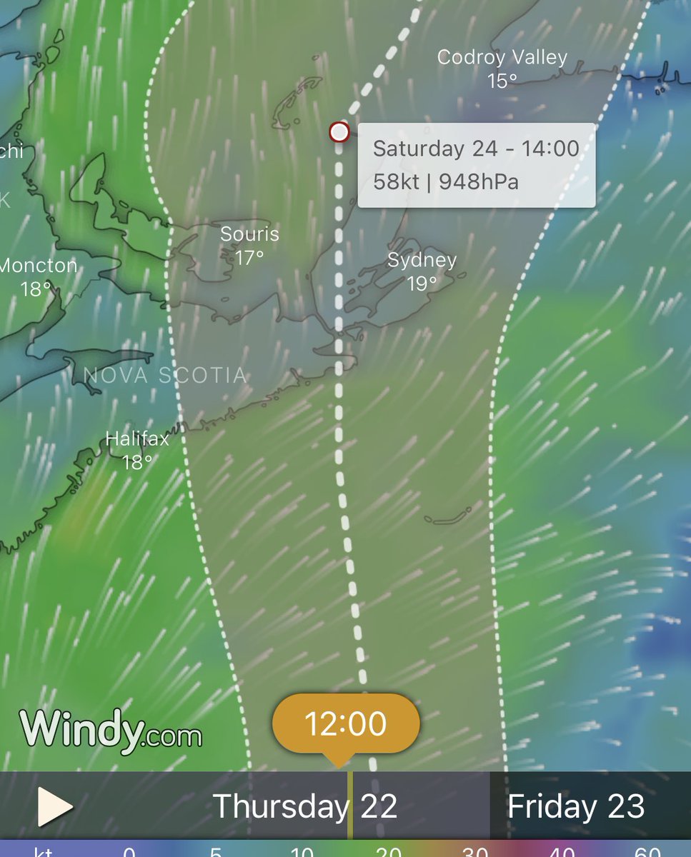 ReedTimmerUSA's tweet photo. HURRICANE #FIONA packing winds of 130 mph with central pressure down to 936 mb. Shown here at the Euro vs NHC forecast track via the @Windycom app, each showing landfall over eastern Nova Scotia as a Cat 2 storm. Hurricane watches issued for eastern NS to Western Newfoundland https://t.co/TFLH4A1377