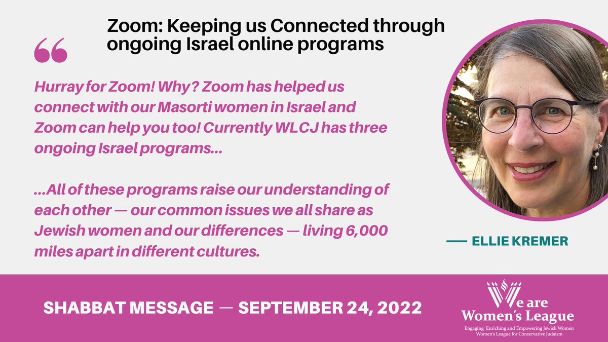 MyWLCJ's tweet photo. Shabbat Message: ​September 24, 2022 -​ Ellie Kremer, WLCJ Israel Chair. To read her full Shabbat message, go to: https://t.co/utdEvcZNa2
#shabbatmessage #zoom #masorti #israel #jewishwomen #womensdayofstudy #mothersofolim #SichotBeynAchayot #ConversationsBetweenSisters #kehila https://t.co/r87sA5cLYw