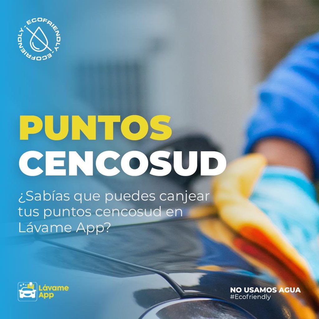Sabias que tus #puntoscencosud los puedes canjear por lavados full sin agua 💧 y 100% ecológicos con <a href="/LavameApp/">LavameApp</a> 😍🚗🌱
Agenda el tuyo !
#Auto #lavameapp 
<a href="/CNNChile/">CNN Chile</a> <a href="/MMAChile/">Ministerio del Medio Ambiente</a> <a href="/startupchile/">Start-Up Chile by Corfo</a>