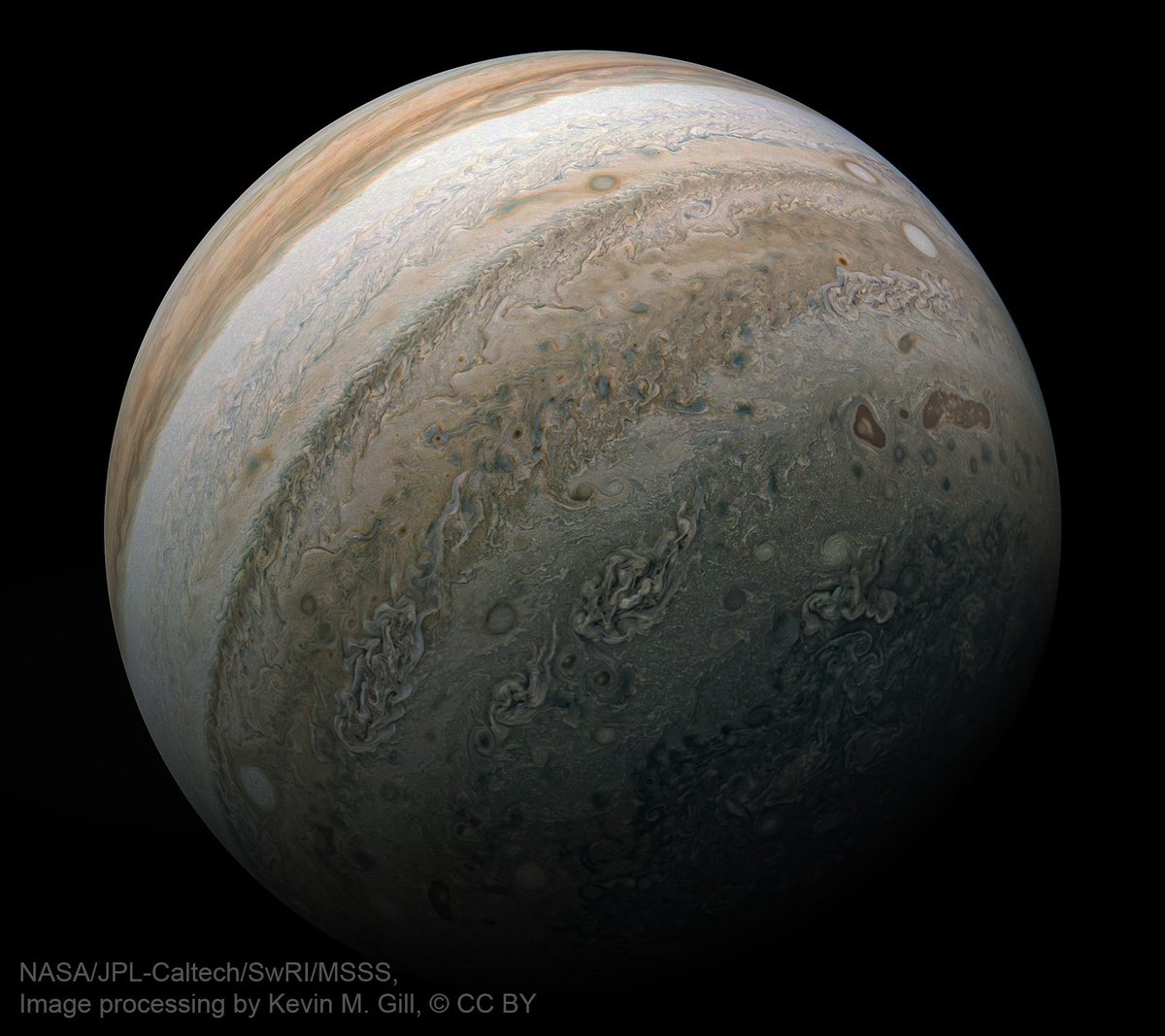 NASA's Juno mission captured this look at the southern hemisphere of Jupiter on Feb. 17, 2020, during one of the spacecraft's close approaches to the giant planet.
Image data: NASA/JPL-Caltech/SwRI/MSSS, Image processing by Kevin M. Gill, © CC BY