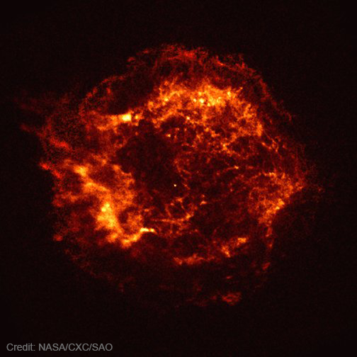 This is an x-ray image of Cas A revealing two shock waves, a slow inner one and a faster outer one, around a bright dot. Credit: NASA/CXC/SAO