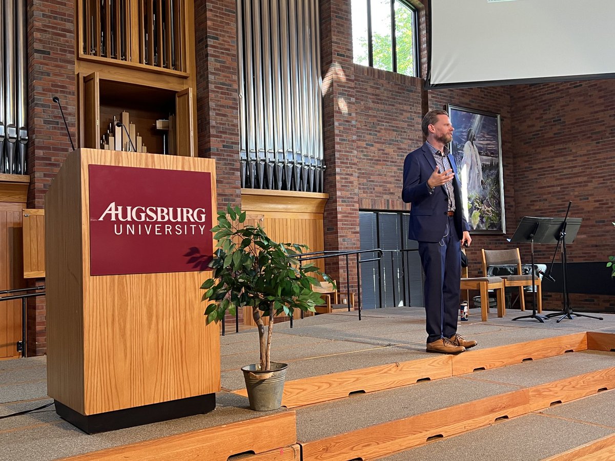 paulpribbenow's tweet photo. Today, we formally welcome Dr. Jeremy Myers as the Bernhard M. Christensen Professor of Religion and Vocation ⁦@AugsburgU⁩ as he offers his inaugural address, “From Nowhere to Now Here,” his reflections in vocation. https://t.co/lHKL6q1zbH