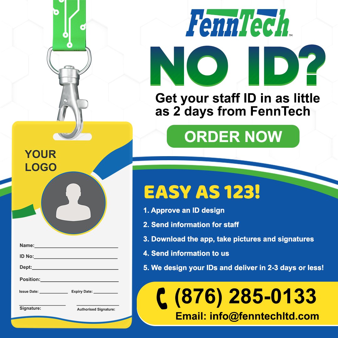FennTech's tweet photo. We offer ID services for businesses and schools that can be ready for use in 2-3 days.
Contact us today to discuss getting your staff IDs designed and printed.
#fenntech #idservices #staffid #studentid https://t.co/3HJcRxAM8a