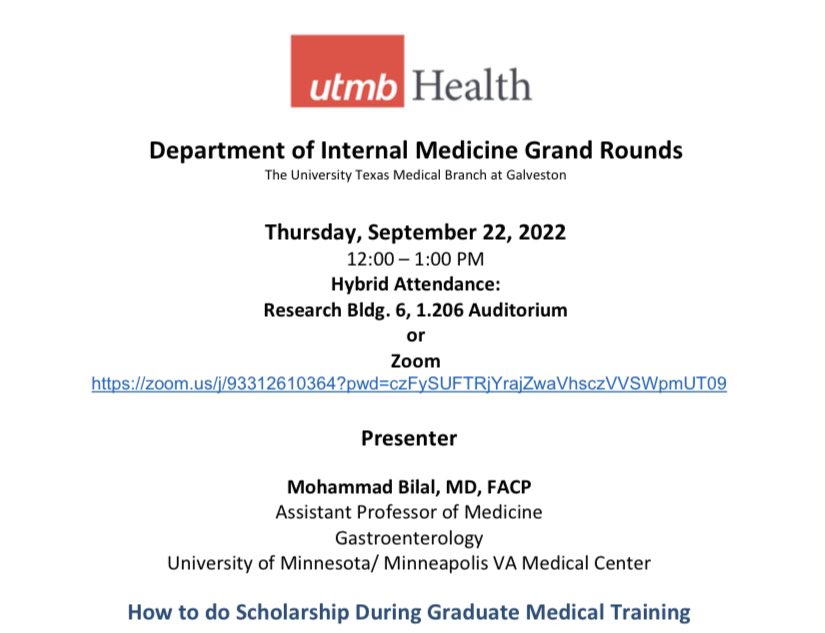 Excited 🎉 to welcome back our former ⭐️ GI fellow (now advanced attending) <a href="/BilalMohammadMD/">Mohammad Bilal, MD</a> to UTMB for a grand rounds on scholarly work during training! (Something he has helped many of our residents with over the years) 
#medtwitter