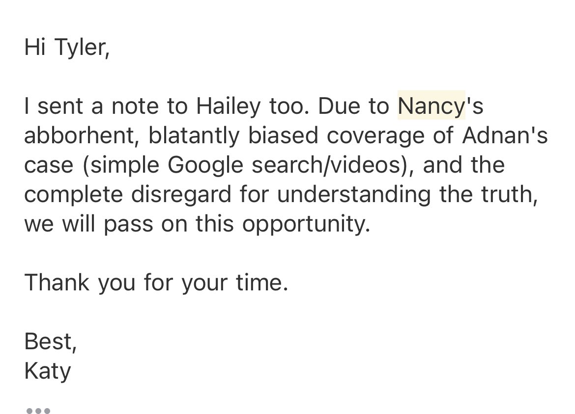 rabiasquared's tweet photo. Folks from @NancyGrace reached out to ask if I’d be on her show and my girl @ItsMeKatyB let them know the deal. 

I would like you to fuck off forever Nancy, you total ghoul. Can’t even get basic facts right. Hae didn’t have to be ID’d from her clothes, her body/face were intact. https://t.co/0smGM6ArCQ