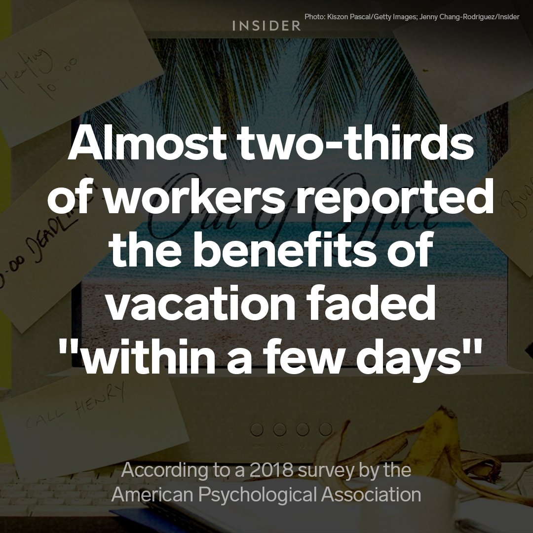 Study report attribution text graphic which reads: "Almost two-thirds of workers reported the benefits of vacation faded ‘within a few days’ according to a 2018 study by the American Psychological Association.”