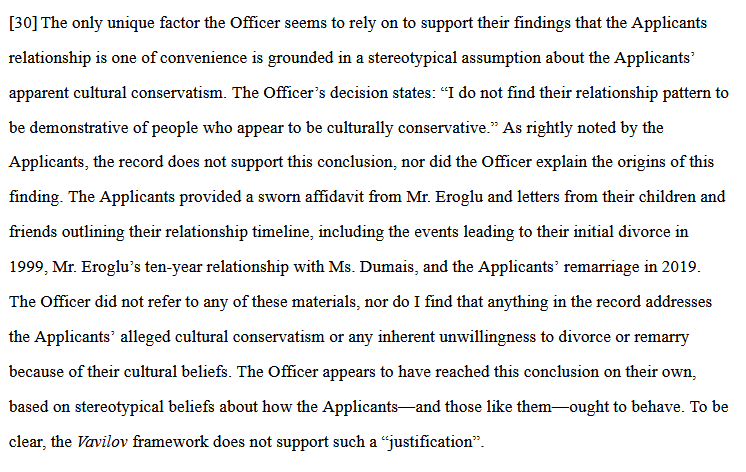 smeurrens's tweet image. Federal Court sets aside a sponsorship refusal where an officer seemingly based on stereotypes (a) assumed that a couple was culturally conservative and (b) how they should act. The judge noted that IRCC cannot make such assumptions about personal beliefs. decisions.fct-cf.gc.ca/fc-cf/decision…