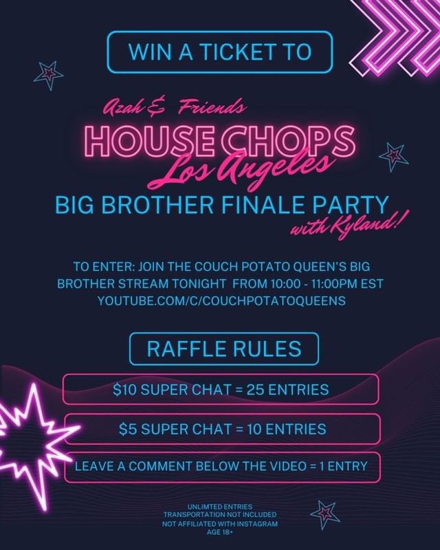 couchpotatoqwnz's tweet photo. Make sure to watch us tonight at 10 PM EST where we will be raffling off a ticket to @azah_awasum &amp; @kylandyoung’s BB Finale Party Event on Sunday the 25th in LA! #BB24 #BB23 #BigBrother https://t.co/ZEBfQ4RJt6 https://t.co/EUdYBsnlbn