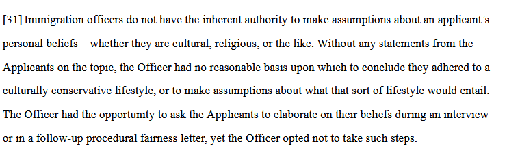 smeurrens's tweet image. Federal Court sets aside a sponsorship refusal where an officer seemingly based on stereotypes (a) assumed that a couple was culturally conservative and (b) how they should act. The judge noted that IRCC cannot make such assumptions about personal beliefs. decisions.fct-cf.gc.ca/fc-cf/decision…