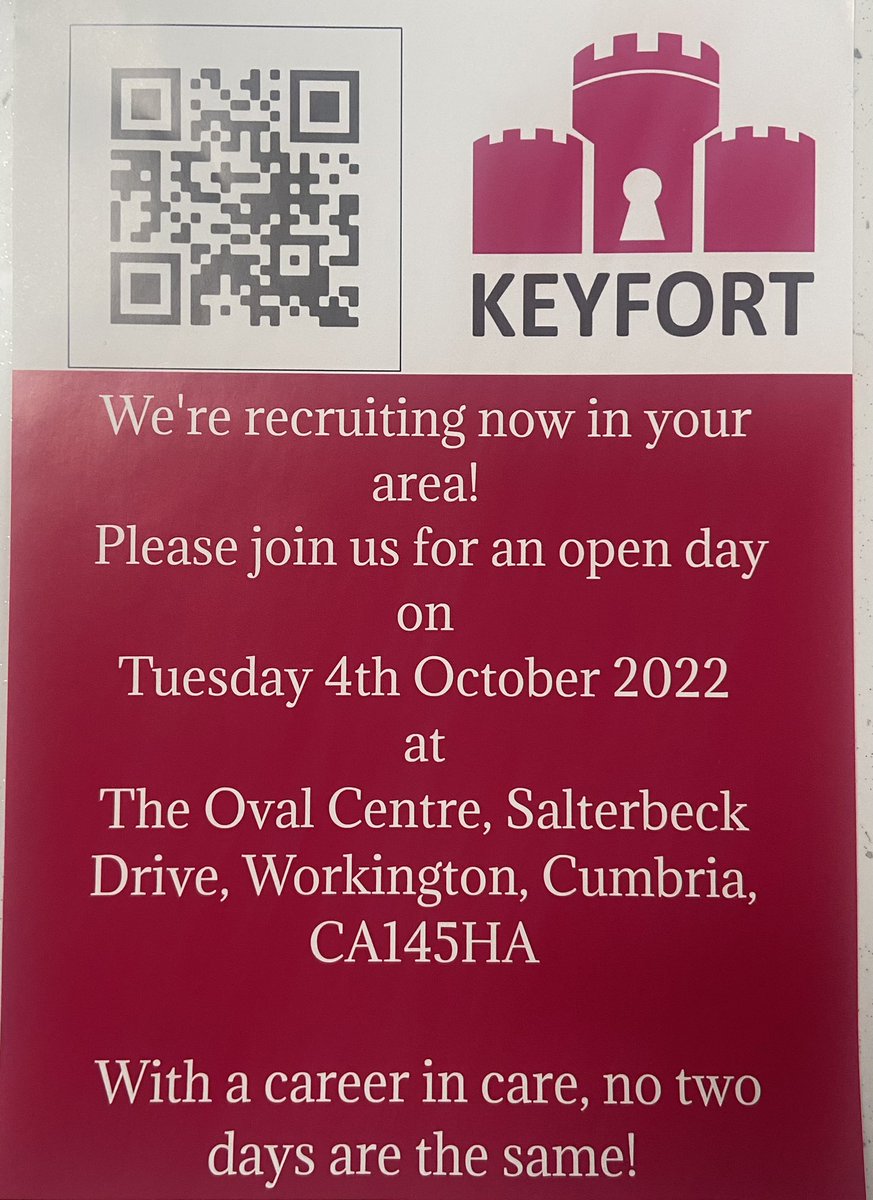 KeyfortNW's tweet photo. ⭐️⭐️We are holding a recruitment open day⭐️⭐️ 

Why not pop along and speak to the team and see what we do and even have an interview on the day. 🤗 

Tuesday 4th October 11am-3pm at the Oval Centre Salterbeck https://t.co/SYBpkAVbhp