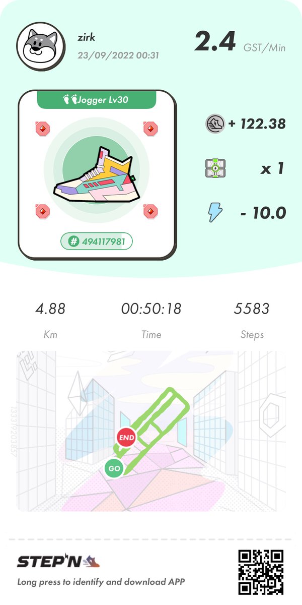 STEPN
9/22   152日目
旅行やら腰痛やらで、久しぶりに歩きました！
辞めずに続けることが大事😇

#STEPN