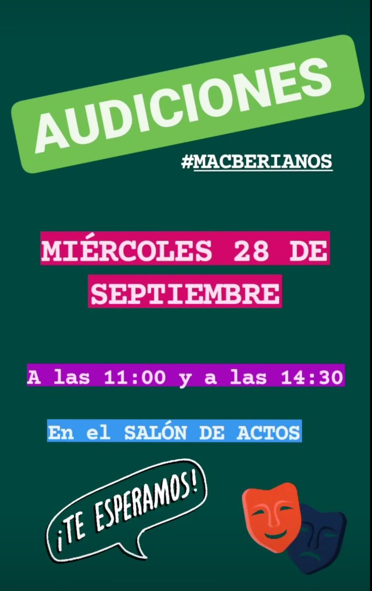 ¡Empiezan las audiciones para formar parte del proyecto de Macberianos del cursos 2022/23!

Nos vemos el próximo miércoles 28 de septiembre durante el recreo y al final de las clases en el salón de actos. 

¡TE ESPERAMOS! 🎭🎭🎭🎭🎭🎭