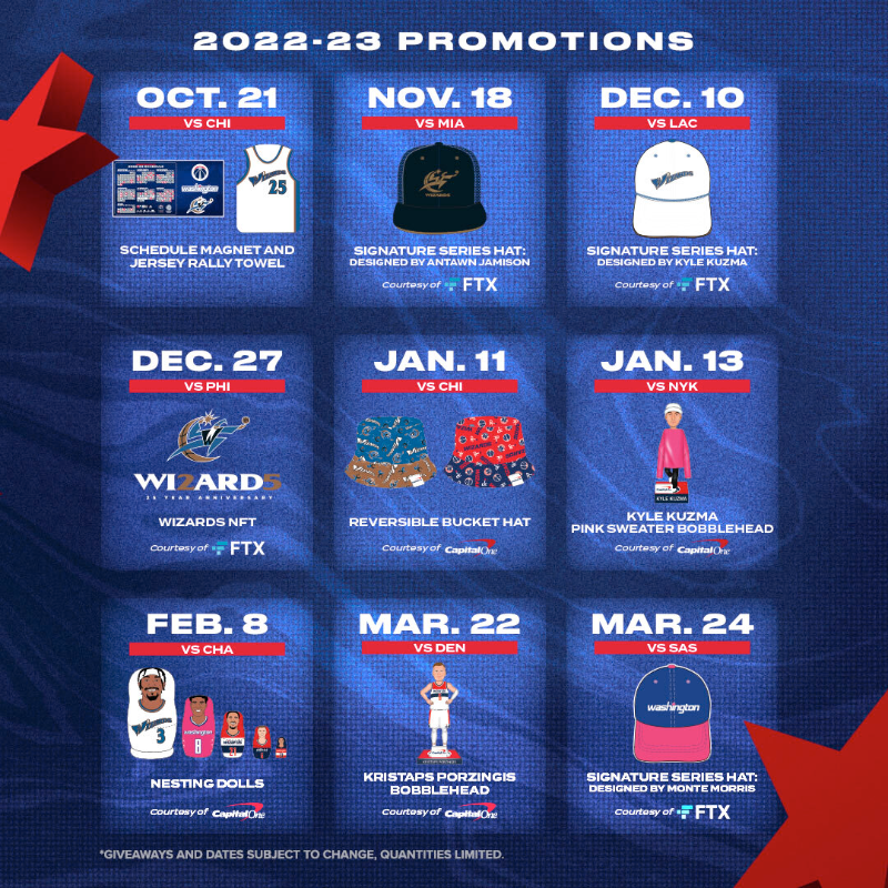 WashWizards's tweet photo. Our 2022-23 promotional schedule is here 📆

Which giveaway are you pullin' up to @CapitalOneArena for? 👀