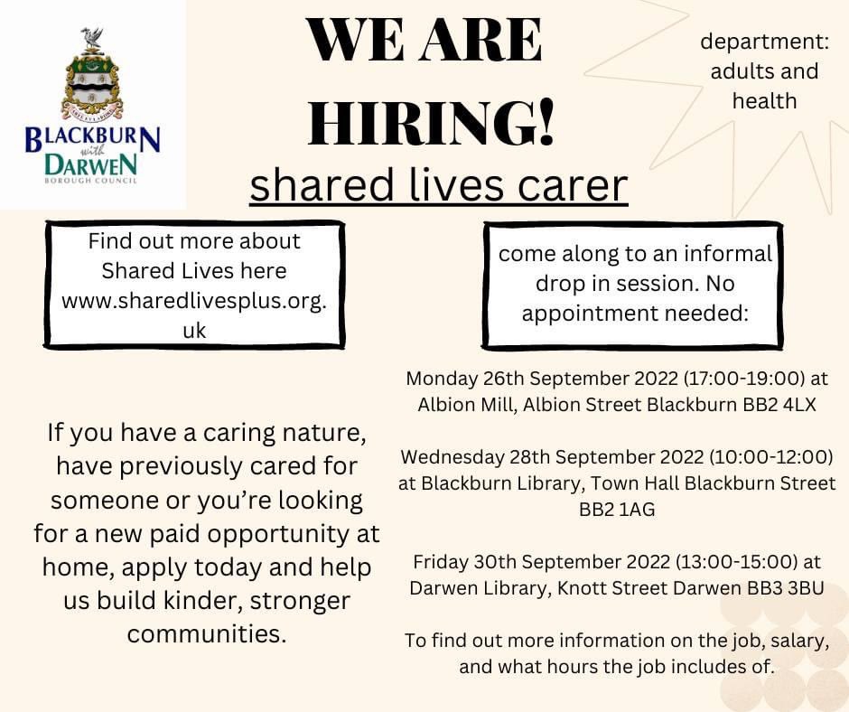 Come along to Albion Mill next Monday 5pm-9pm to find out more about becoming a Shared Lives Carer. 

Being a Shared Lives Carer is a bit like fostering–for adults. It feels like an ordinary life for someone who needs support &amp; you get to see the positive difference you’ve made❤️