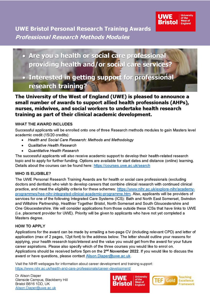 CHCR_UWE's tweet photo. The UWE Personal Research Training Awards for Nurses, Midwives, Allied Health and Social Care Professionals are OPEN for applications!
Deadline Weds 2nd Nov 2022.
These fund a Masters module in research training or dissertation.
Further info here: https://t.co/IpdnzyPjK7 
Pls RT! https://t.co/Z7dEHVgG1s