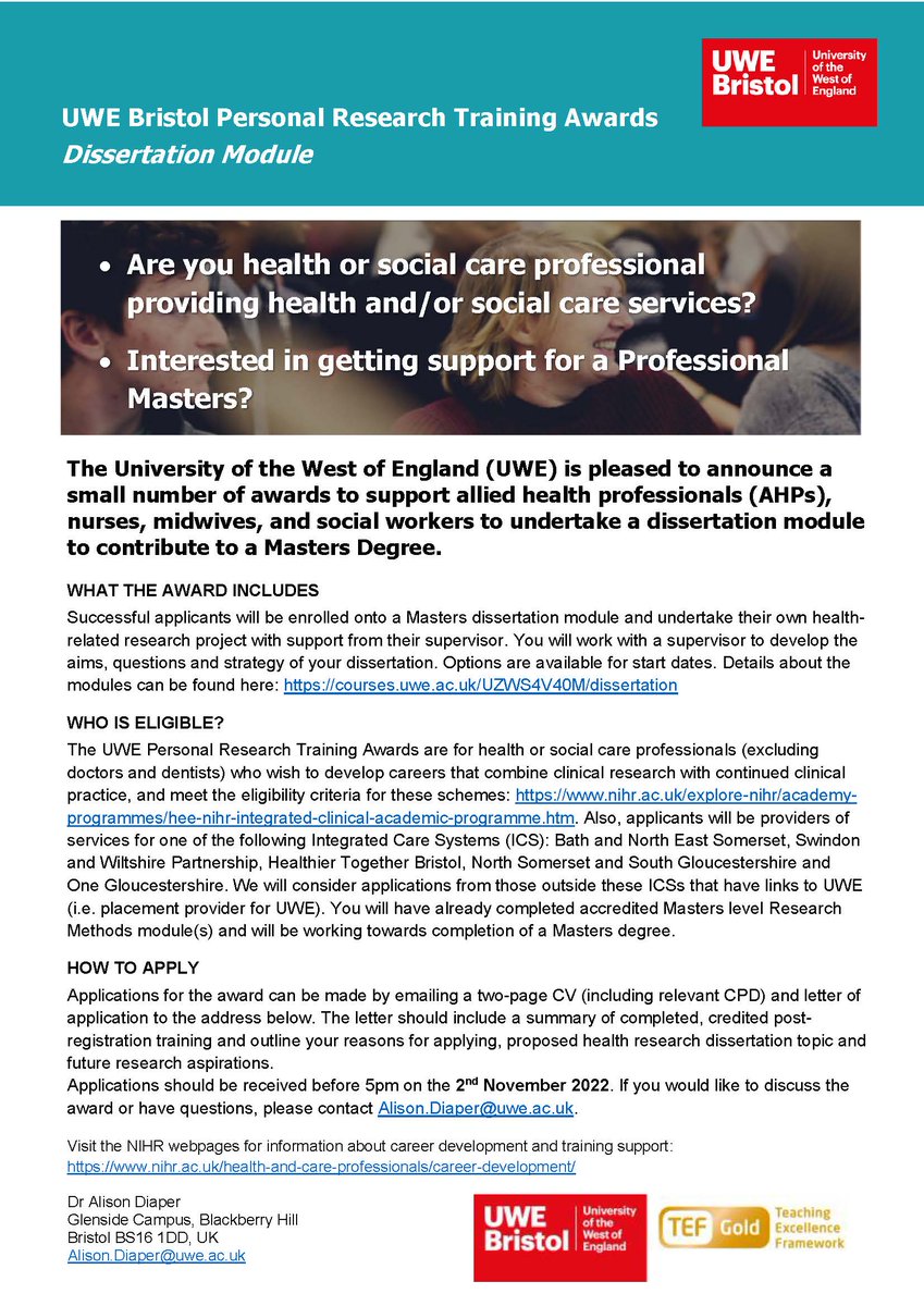 The UWE Personal Research Training Awards for Nurses, Midwives, Allied Health and Social Care Professionals are OPEN for applications!
Deadline Weds 2nd Nov 2022.
These fund a Masters module in research training or dissertation.
Further info here: arc-w.nihr.ac.uk/training-and-c… 
Pls RT!