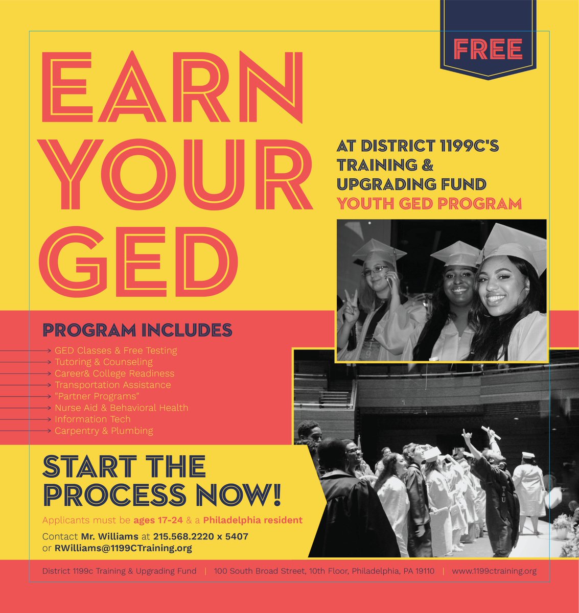 ReEngagement440's tweet photo. Are you interested in a GED diploma and career training? Let District 1199C help you with their GED to Careers program. They are actively recruiting students for their next cohort at the end of October. Call Mr. Williams at 215-568-2200 X 5407 to sign up today! #GED #GEDtoCareers https://t.co/vHtS1FoJgl