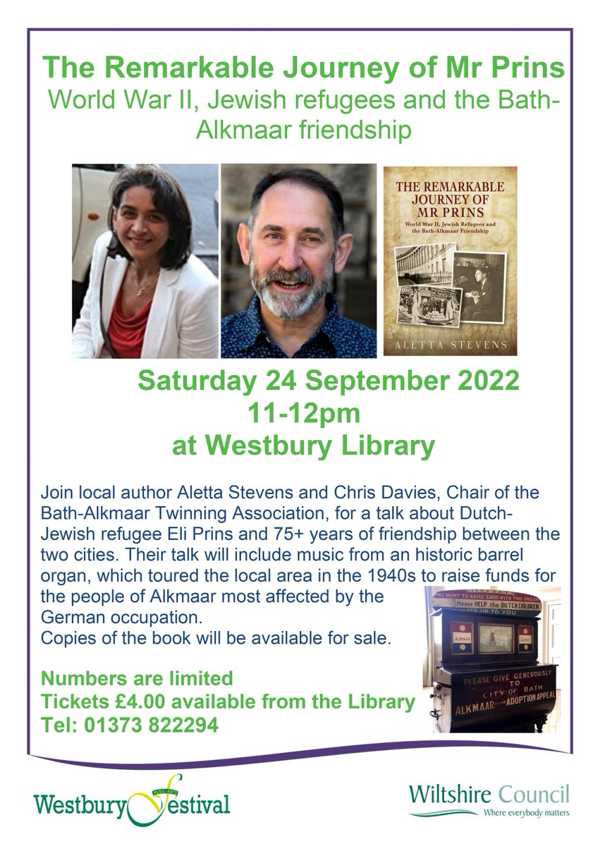 Everyone is most welcome at this illustrated talk at Westbury Library Festival. I will fill in the background to the book, and Chris will show footage of the historic barrel organ symbolising the friendship between Bath and the Dutch city of Alkmaar. See you on Saturday!