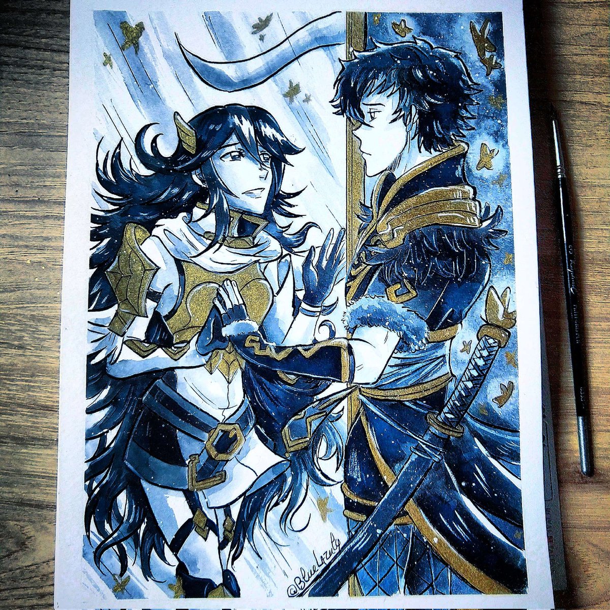 BlueLazuly's tweet photo. Cordelia and Lon'qu from Fire Emblem Awakening for a Commission ❤️ #art #artist #ArtistOnTwitter #Watercolour #watercolor #goldenink #ink #blackandwhite #FireEmblemHeroes #commissionsopen #commissionart #Commission #FireEmblemAwakening #Lonqu #Cordelia https://t.co/jclUCA0Tis