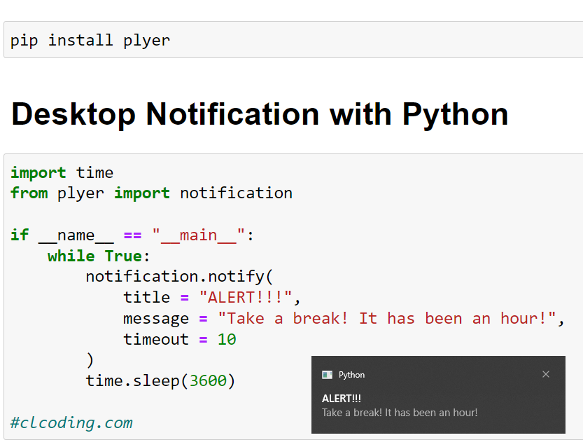 clcoding's tweet photo. Desktop Notification with Python https://t.co/3E5HQkkw4d https://t.co/zH9g9FJHpB
