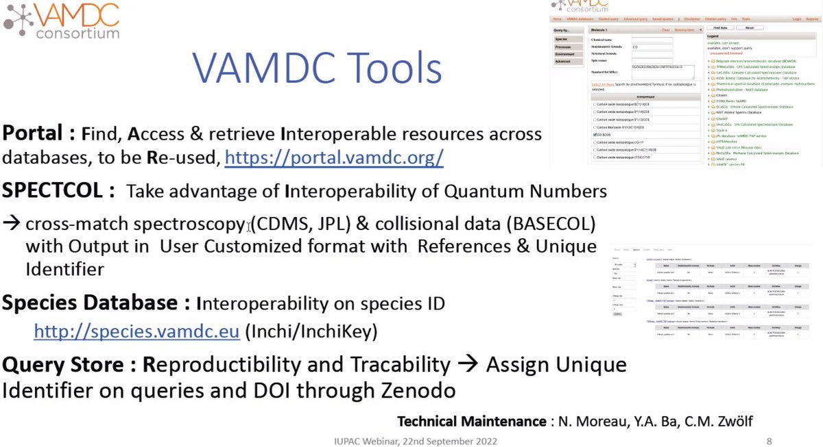 WorldfairP's tweet photo. Dr. M.-L. Dubernet: Astrophysics view on chemistry. #VAMDC developed #XAMS format and dictionaries to describe these varied data sources from quantum level. Machine actionable #FAIR vocabularies across disciplines are needed. 7/n https://t.co/rs3lT8sOX5