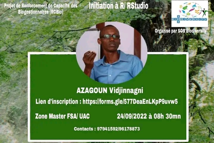 SOS Biodiversity organise dans le cadre de son projet RCBio, une  formation gratuite intitulée "Initiation à R et RStudio" qui se déroulera le 24 Septembre 2022 à la FSA. *Lien d'inscription* : forms.gle/577DeaEnLKpP9u…

Suivez ceci 👇pour en savoir plus.
facebook.com/76519743029537…