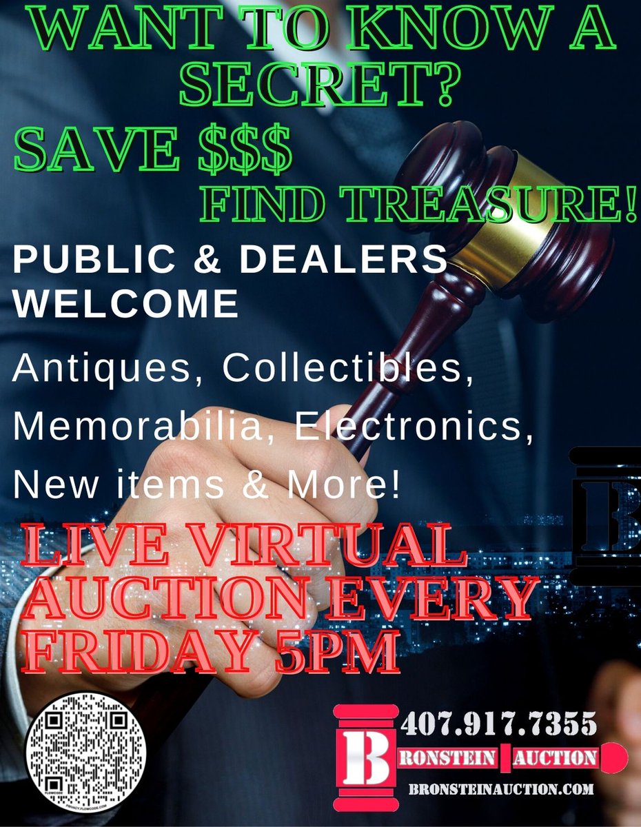 CoachLew_XLR8's tweet image. Do YOU Wanna Know A SECRET to saving and even making money?
AUCTION! Did you know Bronstein Auction Co has a live virtual auction every Friday night?
Check it out at bronsteinauction.com
Need more info call 407.917.7355
#save #auction #asklew