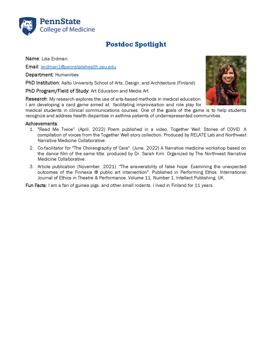 PSUCoMPostdoc's tweet photo. Today we feature another postdoc, Dr. Lisa Erdman, as part of our postdoc spotlights for National Postdoc Appreciation Week!
#NPAW2022 https://t.co/EId4acagjI