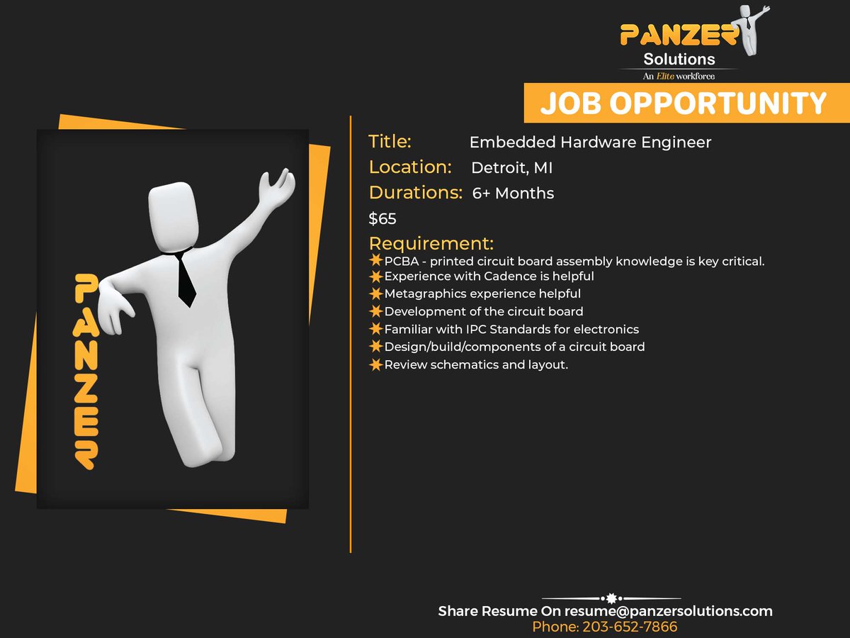 panzersolution's tweet image. Job Title: Embedded Hardware Engineer
Location: Detroit, MI
Duration: 6+ Months
$65
Share resumes on resume@panzersolutions.com
Or for more job requirements click on the below link 
Click Here: panzersolutions.com/jobopportunuti…
#PanzerSolutions #embeddedhardwareengineer #job  #michigan