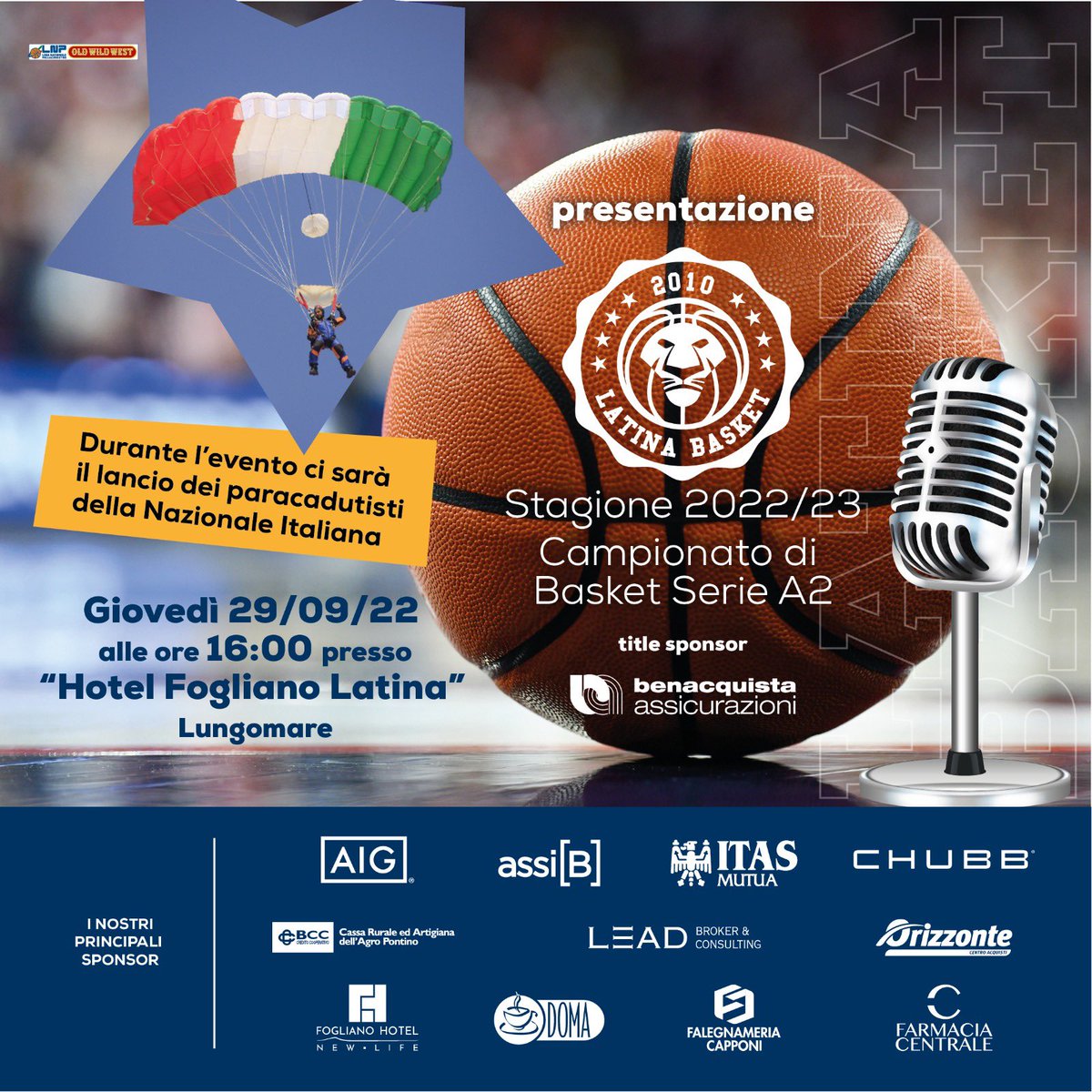 LatinaBasket's tweet photo. Giovedì 29 settembre ore 16:00 presso l’Hotel Fogliano, lungomare di Latina, presentazione ufficiale della squadra Benacquista Assicurazioni Latina Basket
Durante l'evento ci sarà il lancio dei paracadutisti della Nazionale Italiana
#iotifolatinabasket #lanostrapassione https://t.co/JbQ84tZEFt