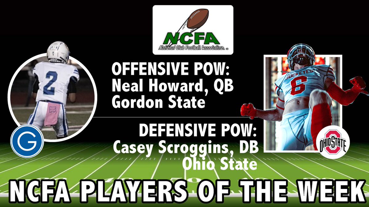 TheNCFA's tweet photo. It's Week 2 in college club football! CONGRATS to our NCFA Week 1 Players of the week: Gordon State QB Neal Howard, and Ohio State DB Casey Scroggins #CollegeFootball #club #studentlife #football #collegegameday #NCFA #NAIAFBALL #NCAAF https://t.co/z9r38eK15x