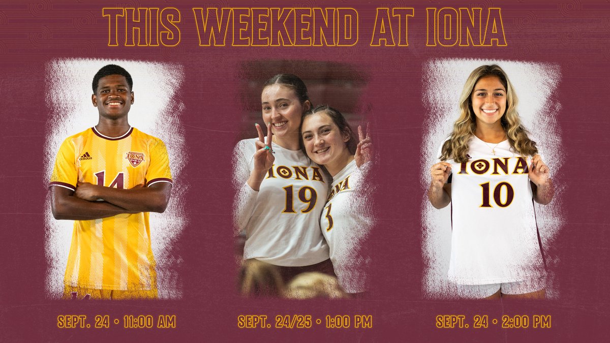 Who else is looking FOURward to this weekend on campus?! 🥳 

<a href="/IonaMSOC/">Iona Men's Soccer</a>: 9/24, 11AM
<a href="/IonaVolleyball/">Iona Volleyball</a>: 9/24 &amp; 25, 1PM
<a href="/IonaWSOC/">Iona Women's Soccer</a>: 9/24, 2PM

#GaelNation