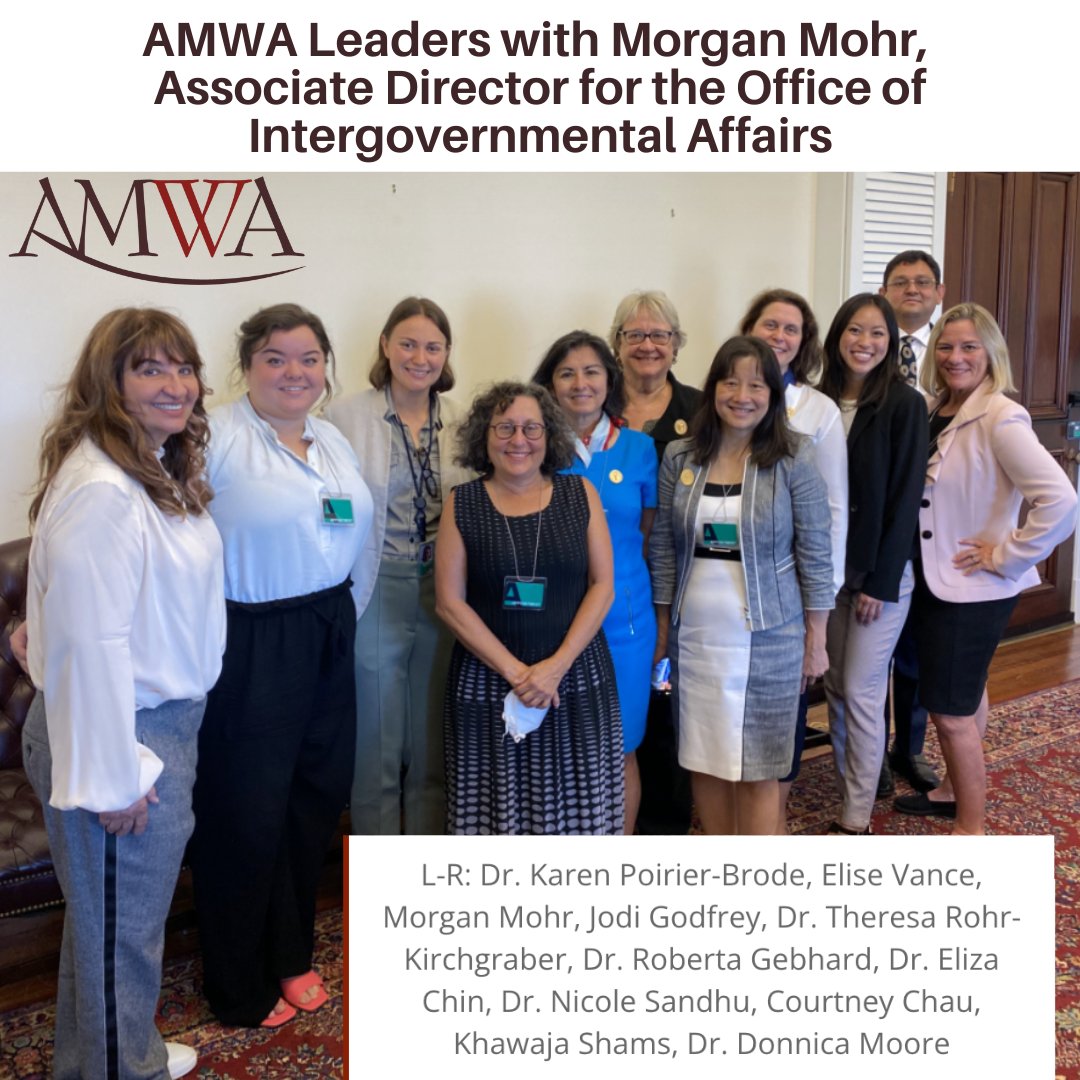 AMWA leaders met w/Morgan Mohr, Assoc Dir for <a href="/WhiteHouse/">The White House</a> Office of Intergovernmental Affairs &amp; discussed #ReproductiveCare &amp; #ReproductiveRights. Learn more about our recent Capitol Hill &amp; White House visits: bit.ly/3eYnXb6
#MedTwitter #WomenInMedicine #WIMMonth