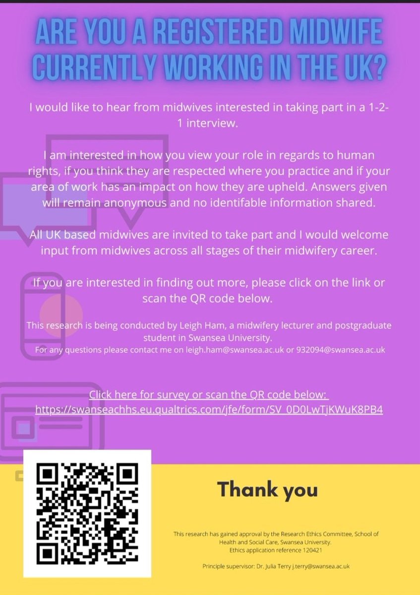 UK midwives! Looking for participants to share their views with me on humans rights in childbirth swanseachhs.eu.qualtrics.com/jfe/form/SV_0D…