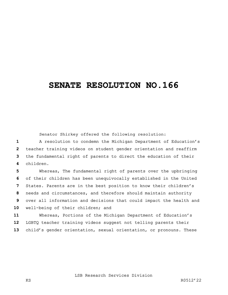 christopherrufo's tweet photo. BREAKING: The Michigan State Senate has passed a resolution condemning the state's radical gender theory training program, which teaches public school officials how to facilitate child sexual transitions and keep them a secret from parents, even if the child is suicidal. https://t.co/f35yYzHUaQ