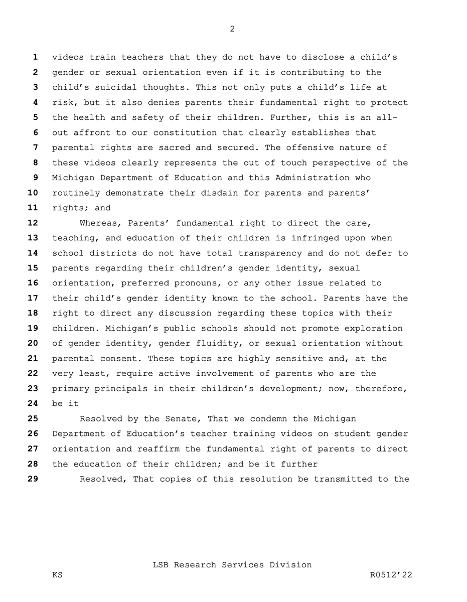 christopherrufo's tweet photo. BREAKING: The Michigan State Senate has passed a resolution condemning the state's radical gender theory training program, which teaches public school officials how to facilitate child sexual transitions and keep them a secret from parents, even if the child is suicidal. https://t.co/f35yYzHUaQ
