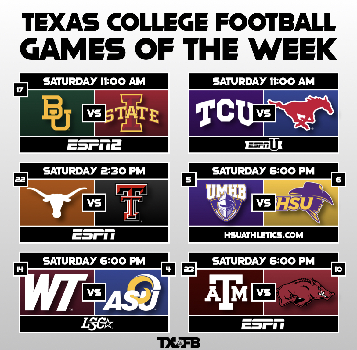 txfblife's tweet photo. A lotta fun football on the menu for Saturday! https://t.co/M4mvMl4PEa