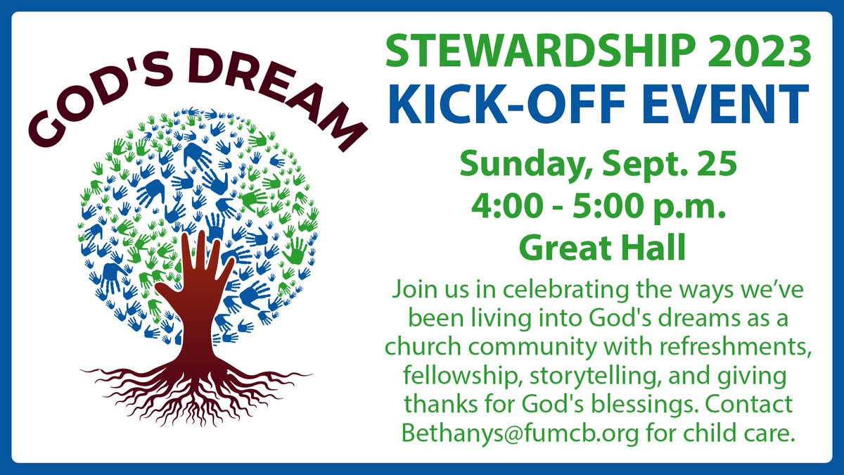 fumcbloomington's tweet photo. Join us for refreshments in the Great Hall THIS SUNDAY from 4:00-5:00 p.m. as we celebrate the ways we've lived into God's dreams this year. We are excited to launch our annual stewardship effort with this special time of fellowship. Contact bethanys@fumcb.org for child care. https://t.co/ajgjDFJIzq
