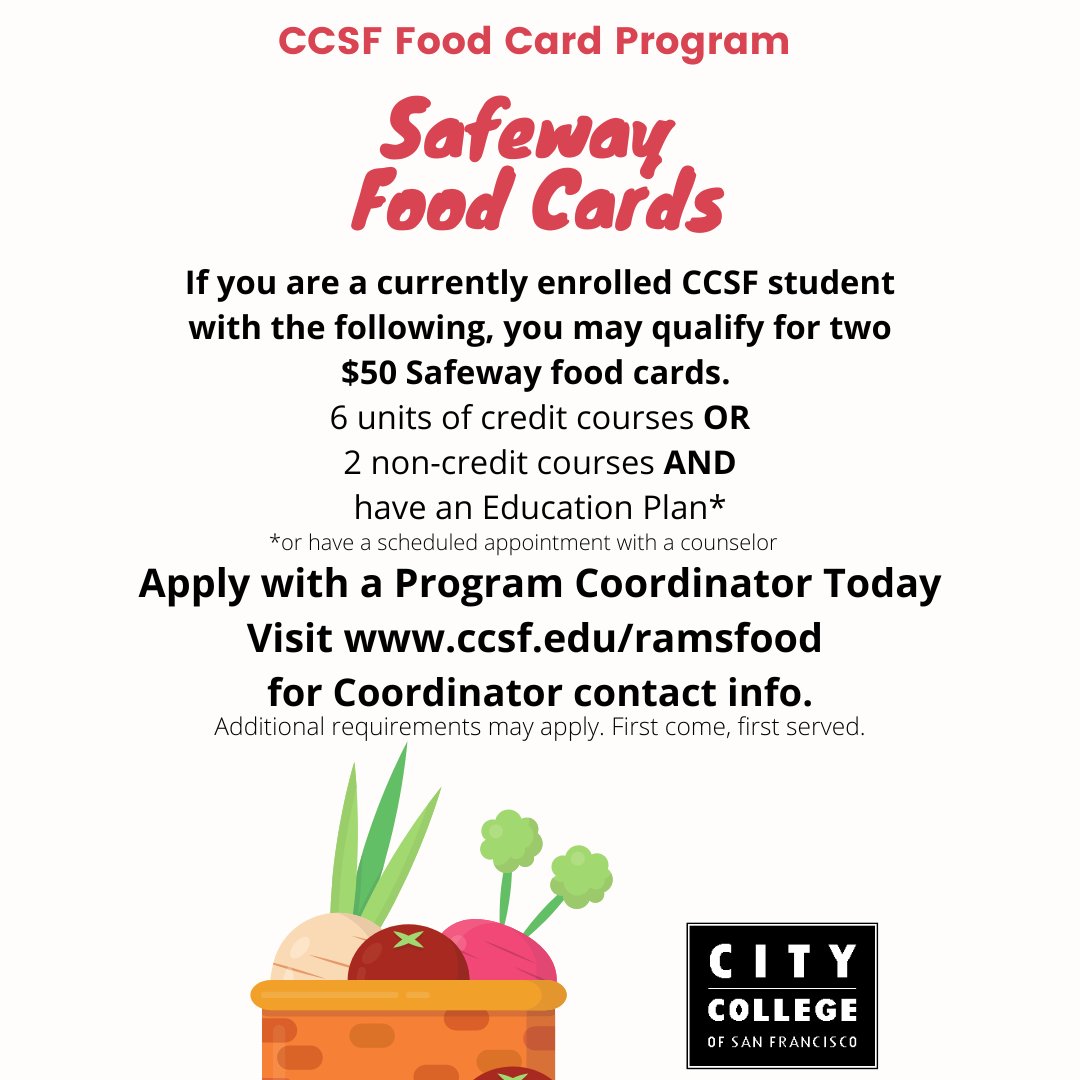 OfficialCCSF's tweet photo. The CCSF Food Card program is back! Qualifying students seeking support to cover food costs can secure two $50 @Safeway food cards. Learn more at: https://t.co/2hZDyVSA1f
#CCSF #CCSFRams #CCSFCares https://t.co/Xv2VMMghad