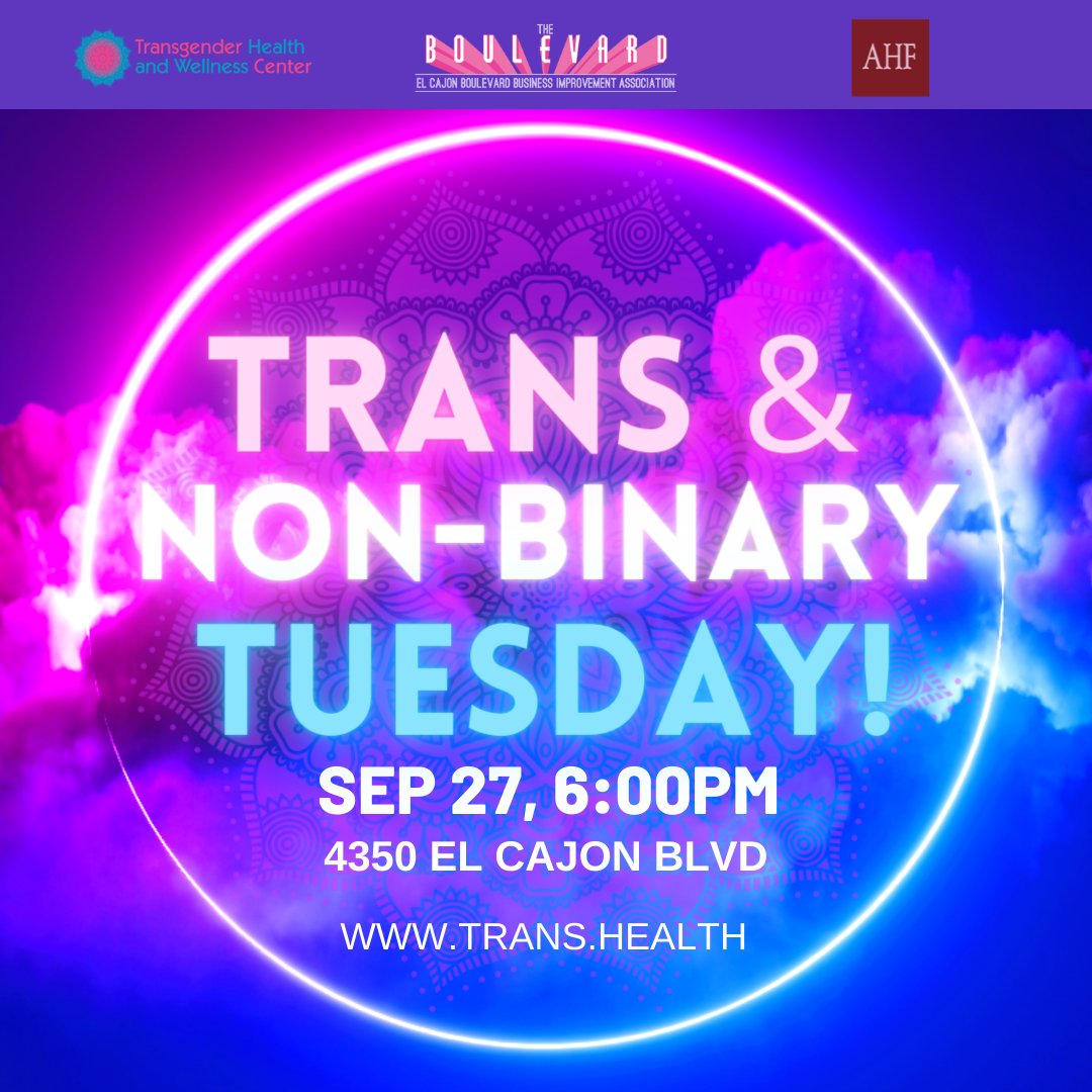 TransHAWC's tweet image. The Transgender Health and Wellness Center in collaboration with The El Cajon Boulevard Business Improvement Association Present: Trans and Non-binary Tuesday!

#trans #transsandiego #transcommunity #transpride #nonbinarypride