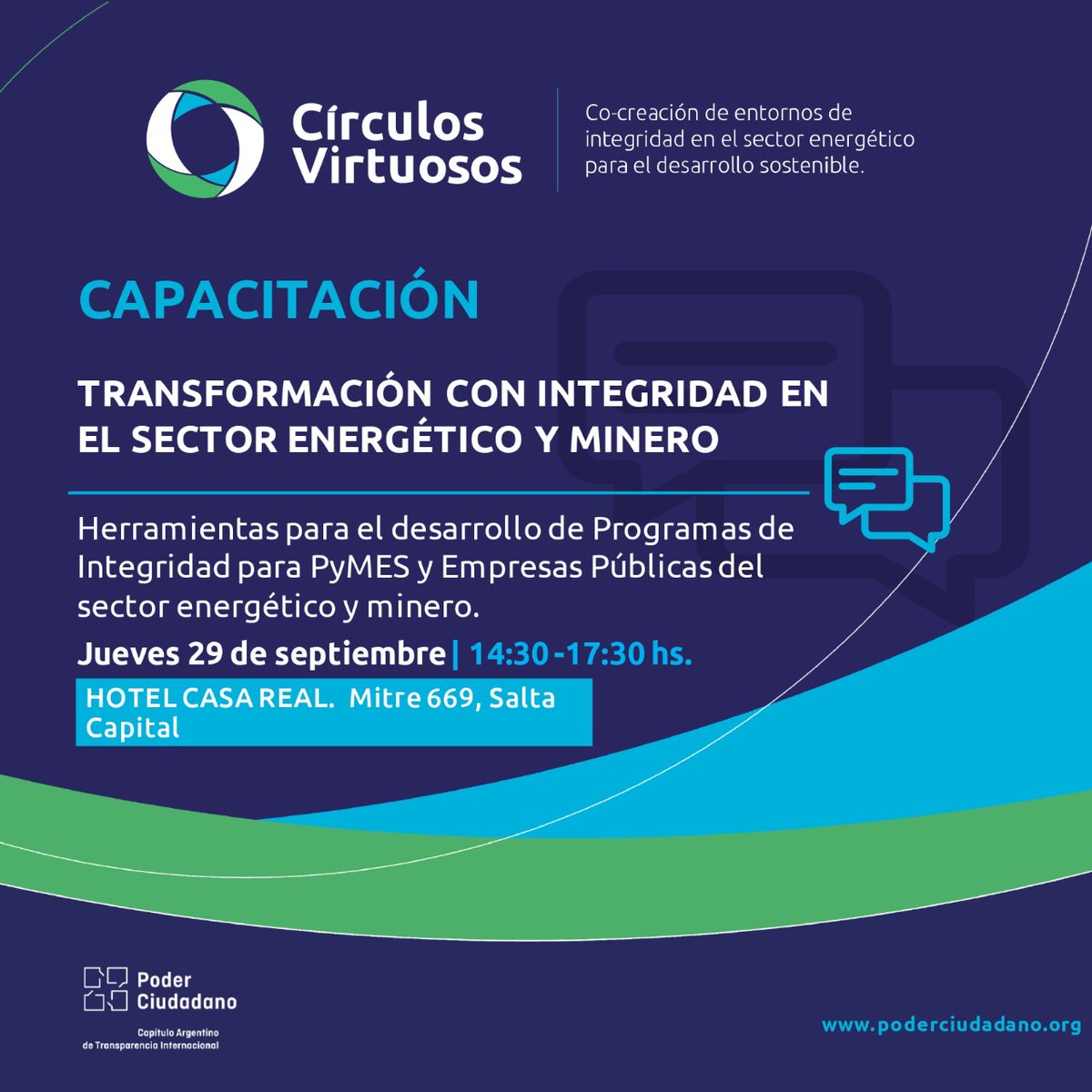 CAPACITACIÓN en #SALTA para #PyMES y empresas del sector #energía y #minería.
👉Transformación con integridad en el sector energético y minero.
📅 Jueves 29/09, 14.30 -17.30 hs
📌 Hotel Casa Real. Mitre 669, Salta
💻Inscripciones: bit.ly/3RTepNd #CírculosVirtuosos