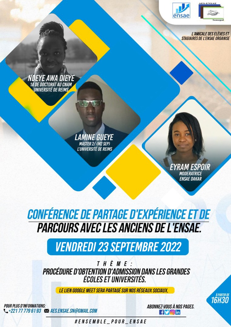 AesEnsae's tweet photo. Bonsoir à tous,

La septième conférence avec les anciens de l’ENSAE de Dakar, actuellement à l’Université de Reims-FRANCE  aura lieu ce vendredi à 16h30.

Ci dessous le lien : 
https://t.co/MXa5lMTEwA https://t.co/7x2JU6ootH