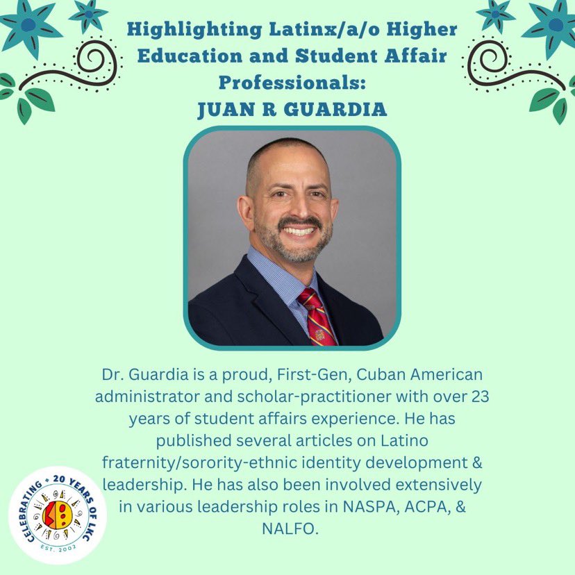 tweetinglavoz's tweet photo. Keeping the energy high for LHM, we are honored to highlight Juan R. Guardia, Ph.D.! Gracias for your service to your institution(s) and NASPA LKC.
 #naspalkc #LHM #highlight #SApros #DEI #20yrsOfLKC #highered https://t.co/Ia6oPkE0Yx