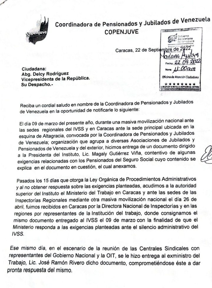 PensionadosVzla's tweet photo. #22Sept Comunicación de @PensionadosVzla consignada ante la Vicepresidencia @ViceVenezuela. 
#PensionVitalCanastaBasica https://t.co/NTRR2Cwatx