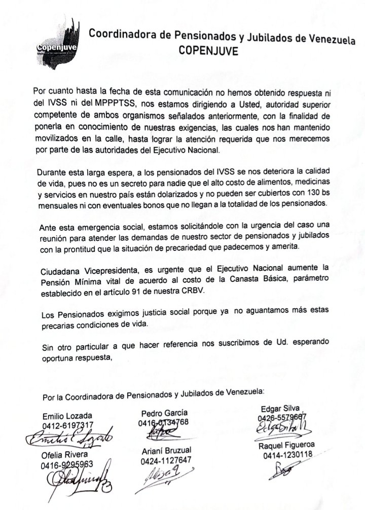 PensionadosVzla's tweet photo. #22Sept Comunicación de @PensionadosVzla consignada ante la Vicepresidencia @ViceVenezuela. 
#PensionVitalCanastaBasica https://t.co/NTRR2Cwatx