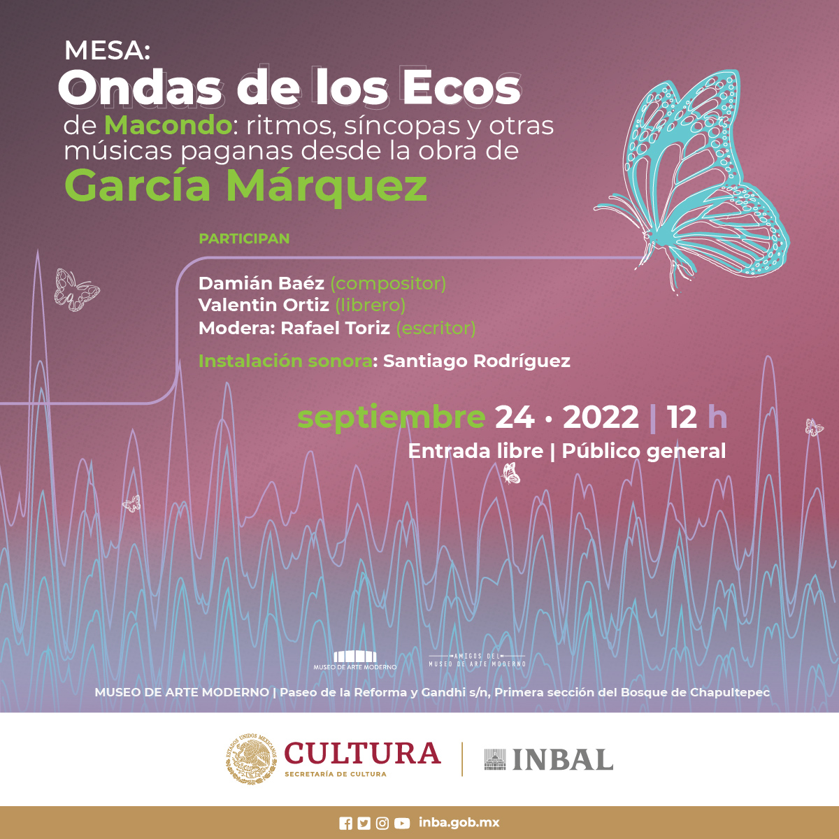 museoAmodernoMX's tweet photo. Santiago Rodriguez nos acompaña con una instalación sonora en el conversatorio "Ondas de los Ecos de Macondo: ritmos, síncopas y otras músicas paganas desde la obra de García Márquez".

Te esperamos a las 12 h con acceso gratuito
Sep 24 https://t.co/334OFriKur