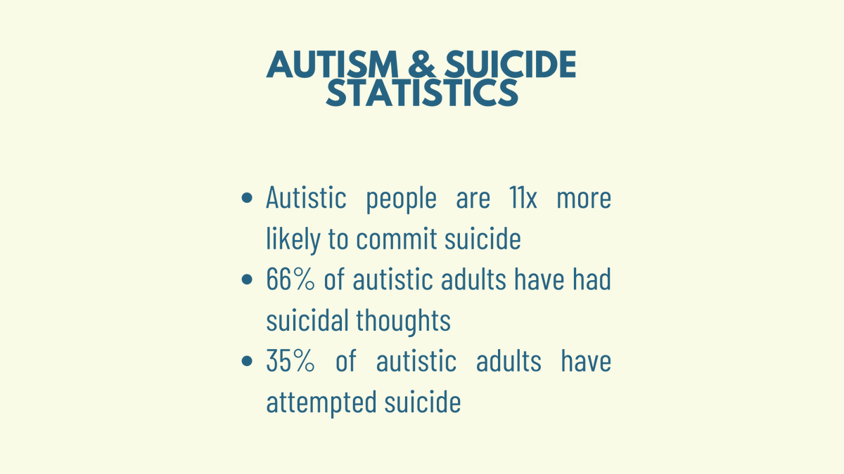 AutisticCoach_'s tweet photo. There is a #suicide pandemic in the #ActuallyAutistic community that we need to talk about. We are 11x more likely to take our own lives. This is caused primarily by mental health issues that we develop based on our treatment in the NT world. We need to support each other. https://t.co/JYhZiyUmfx